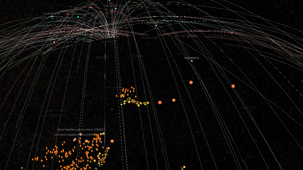 Data Mode — satellite orbit paths, the recon fleet, quakes and event markers