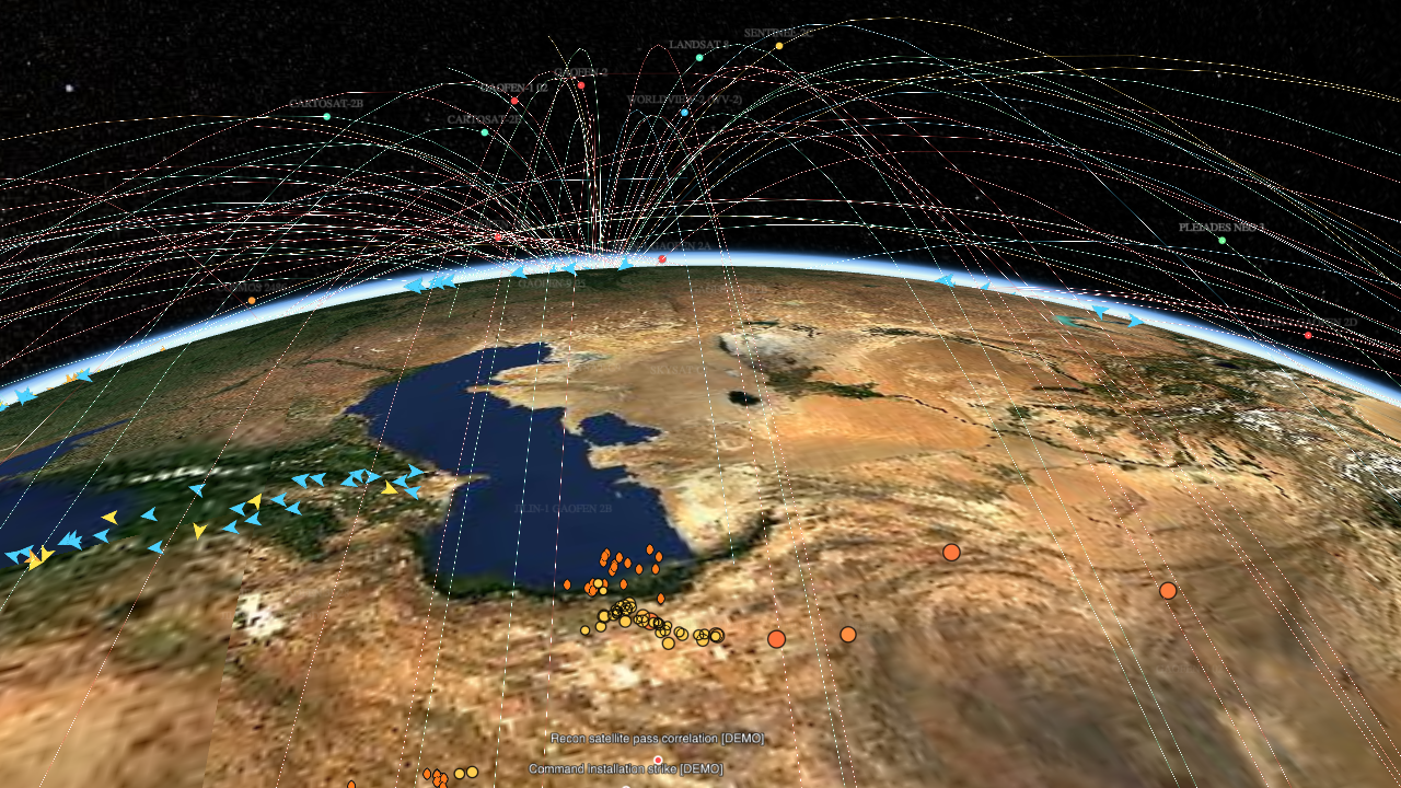 Photo Mode — Sentinel-2 imagery over the Persian Gulf with the recon-satellite fleet, live aircraft, quakes and fires